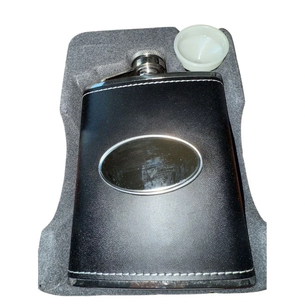 Things Remembered 6 oz Black Leather Stainless Steel Hip Flask‎ Gift Box new
